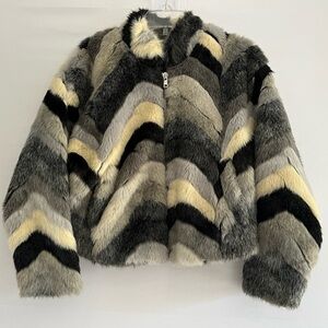 Olivaceous Chevron Faux Fur Bomber Jacket | Plush Shaggy Statement Coat